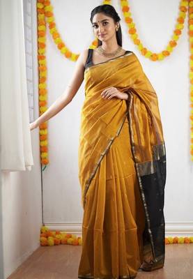Yellow black linen blend banarasi saree with unstitched blouse piece 3