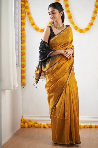 Yellow black soft linen blend banarasi jacuard work designer party wear saree with unstitched blouse piece