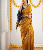 Yellow black linen blend banarasi saree with unstitched blouse piece