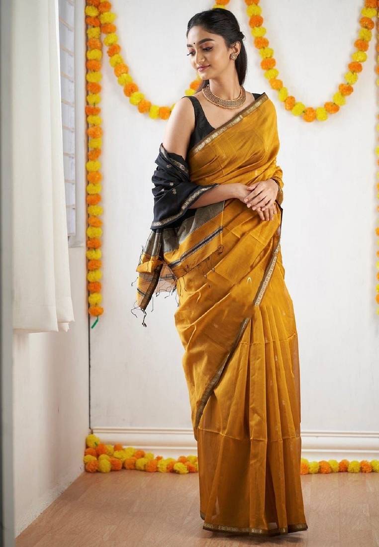 Yellow black soft linen blend banarasi jacuard work designer party wear saree with unstitched blouse piece