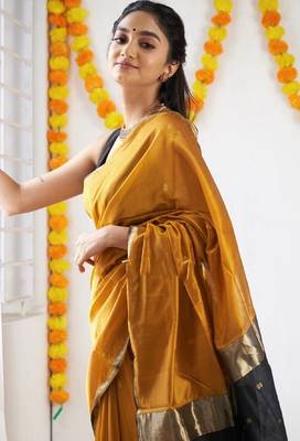 Yellow black linen blend banarasi saree with unstitched blouse piece 4