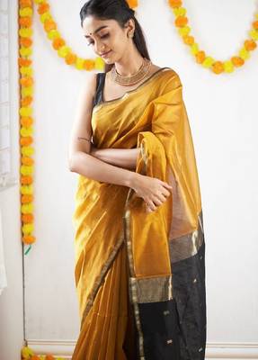 Yellow black linen blend banarasi saree with unstitched blouse piece 5