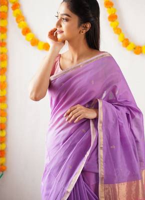 Lavender pink linen blend banarasi saree with unstitched blouse piece 2