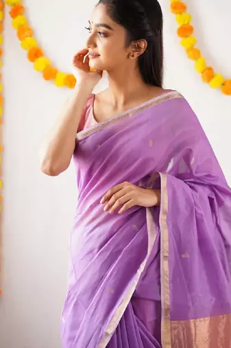 Lavender pink linen blend banarasi saree with unstitched blouse piece