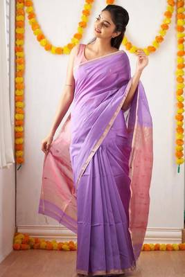 Lavender pink linen blend banarasi saree with unstitched blouse piece 3