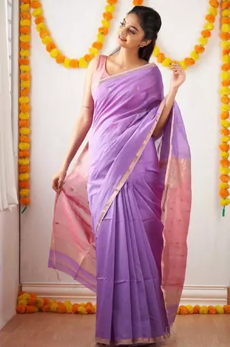 Lavender pink linen blend banarasi saree with unstitched blouse piece
