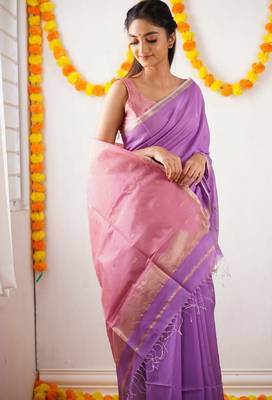 Lavender pink linen blend banarasi saree with unstitched blouse piece 1