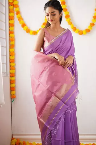 Lavender pink soft linen blend banarasi jacuard work designer party wear saree with unstitched blouse piece