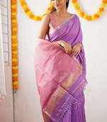 Lavender pink linen blend banarasi saree with unstitched blouse piece