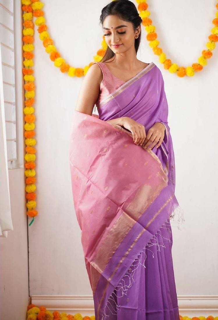 Lavender pink soft linen blend banarasi jacuard work designer party wear saree with unstitched blouse piece