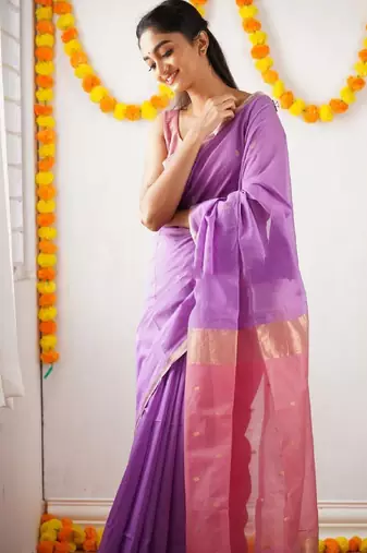 Lavender pink linen blend banarasi saree with unstitched blouse piece