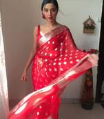 Red soft linen blend banarasi jacuard work designer party wear saree with unstitched blouse piece