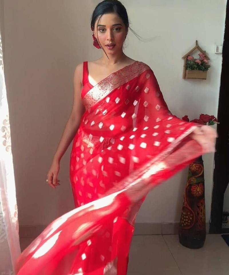 Red soft linen blend banarasi jacuard work designer party wear saree with unstitched blouse piece