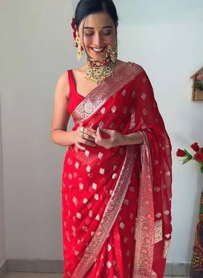 Red linen blend banarasi saree with unstitched blouse piece 2