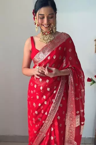 Red linen blend banarasi saree with unstitched blouse piece