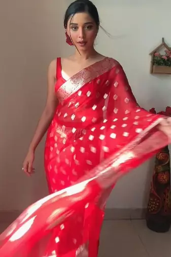 Red linen blend banarasi saree with unstitched blouse piece