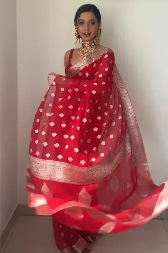 Red linen blend banarasi saree with unstitched blouse piece