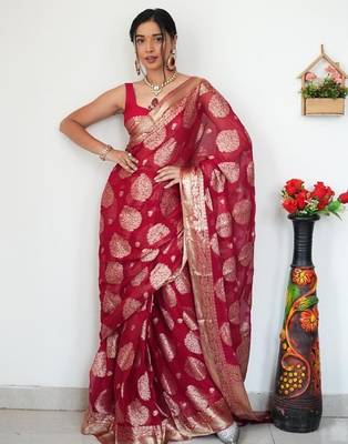 Red linen blend banarasi saree with unstitched blouse piece 1