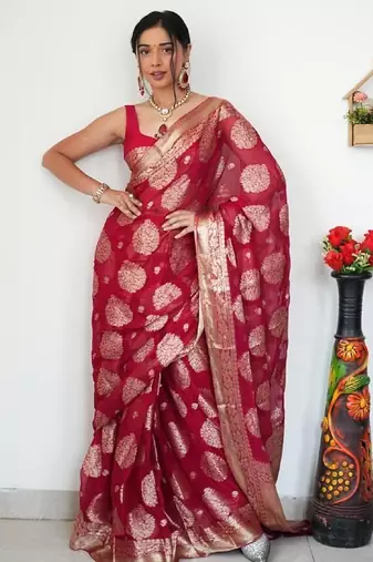 Red soft linen blend banarasi jacuard work designer party wear saree with unstitched blouse piece