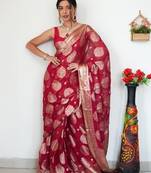 Red linen blend banarasi saree with unstitched blouse piece