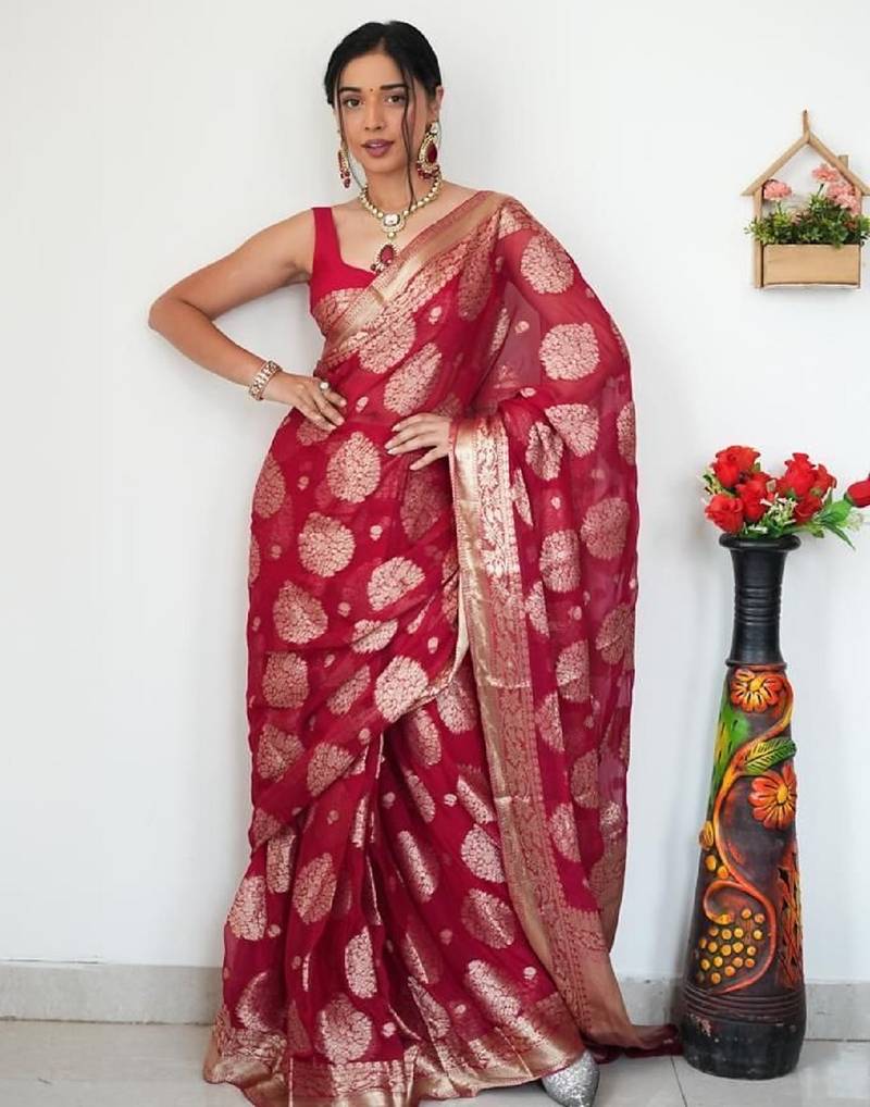 Red soft linen blend banarasi jacuard work designer party wear saree with unstitched blouse piece