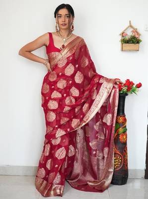 Red linen blend banarasi saree with unstitched blouse piece 2