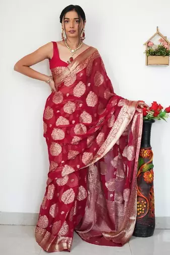 Red linen blend banarasi saree with unstitched blouse piece