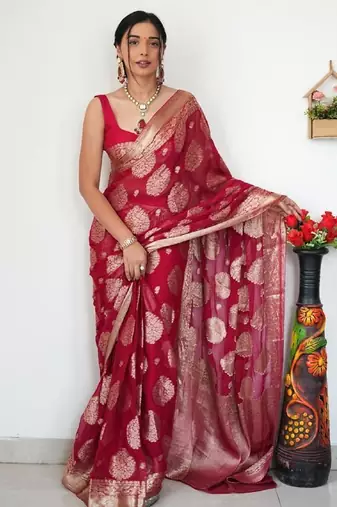 Red linen blend banarasi saree with unstitched blouse piece