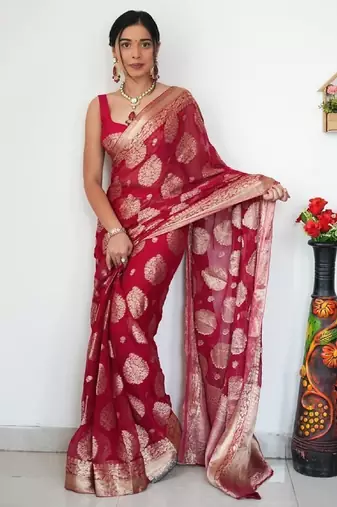 Red linen blend banarasi saree with unstitched blouse piece