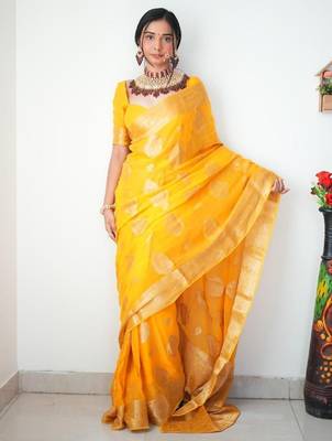 Yellow linen blend banarasi saree with unstitched blouse piece 1