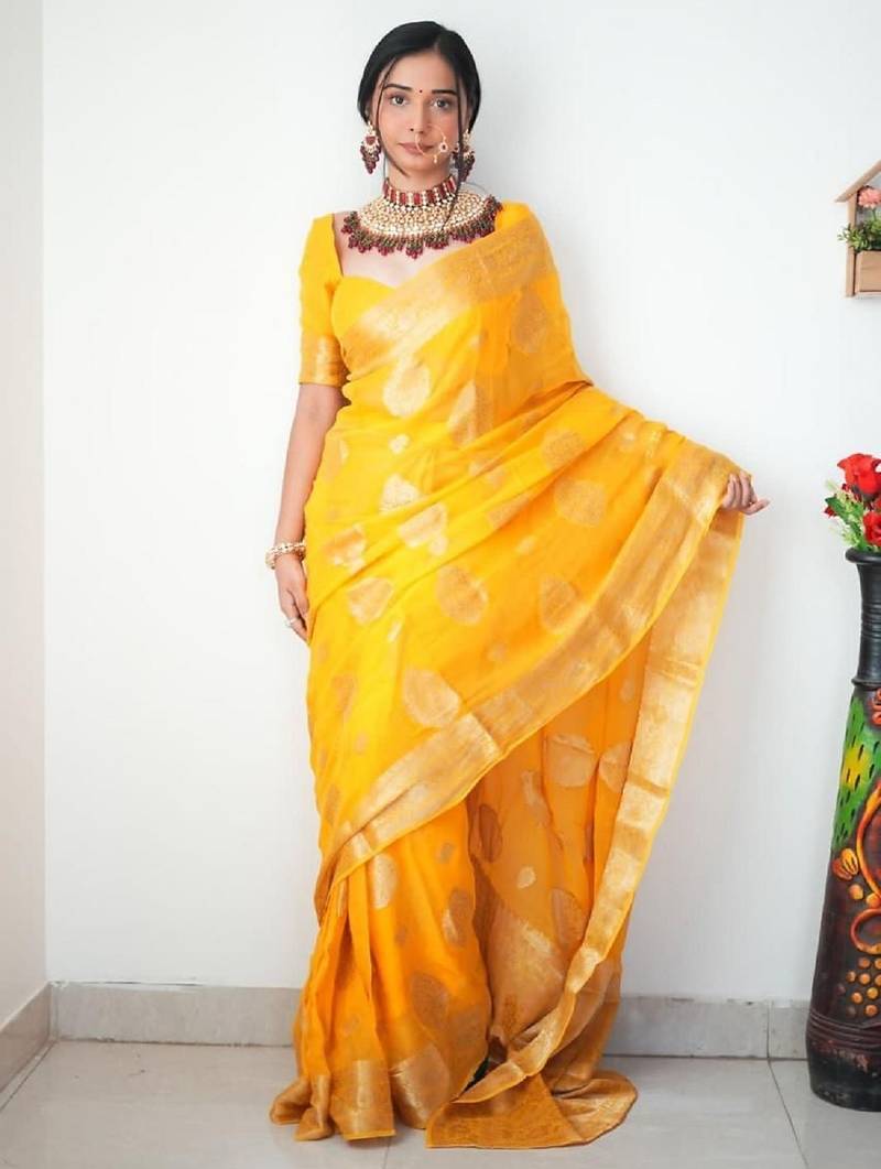 Yellow soft linen blend banarasi jacuard work designer party wear saree with unstitched blouse piece