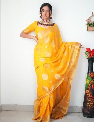 Yellow linen blend banarasi saree with unstitched blouse piece 2