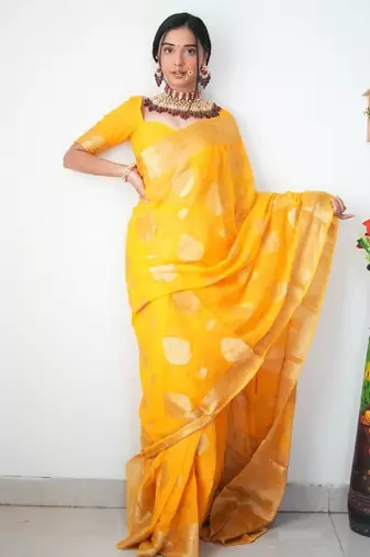 Yellow linen blend banarasi saree with unstitched blouse piece