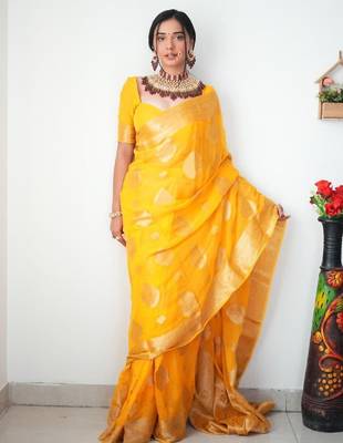 Yellow linen blend banarasi saree with unstitched blouse piece 3
