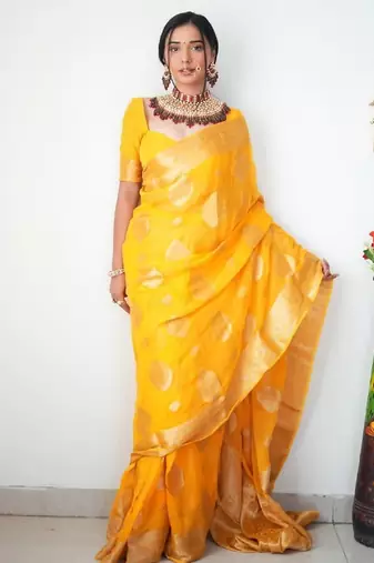 Yellow linen blend banarasi saree with unstitched blouse piece