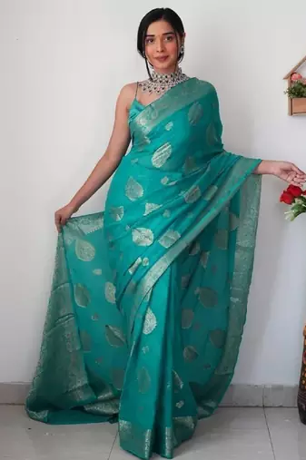 Sea green soft linen blend banarasi jacuard work designer party wear saree with unstitched blouse piece