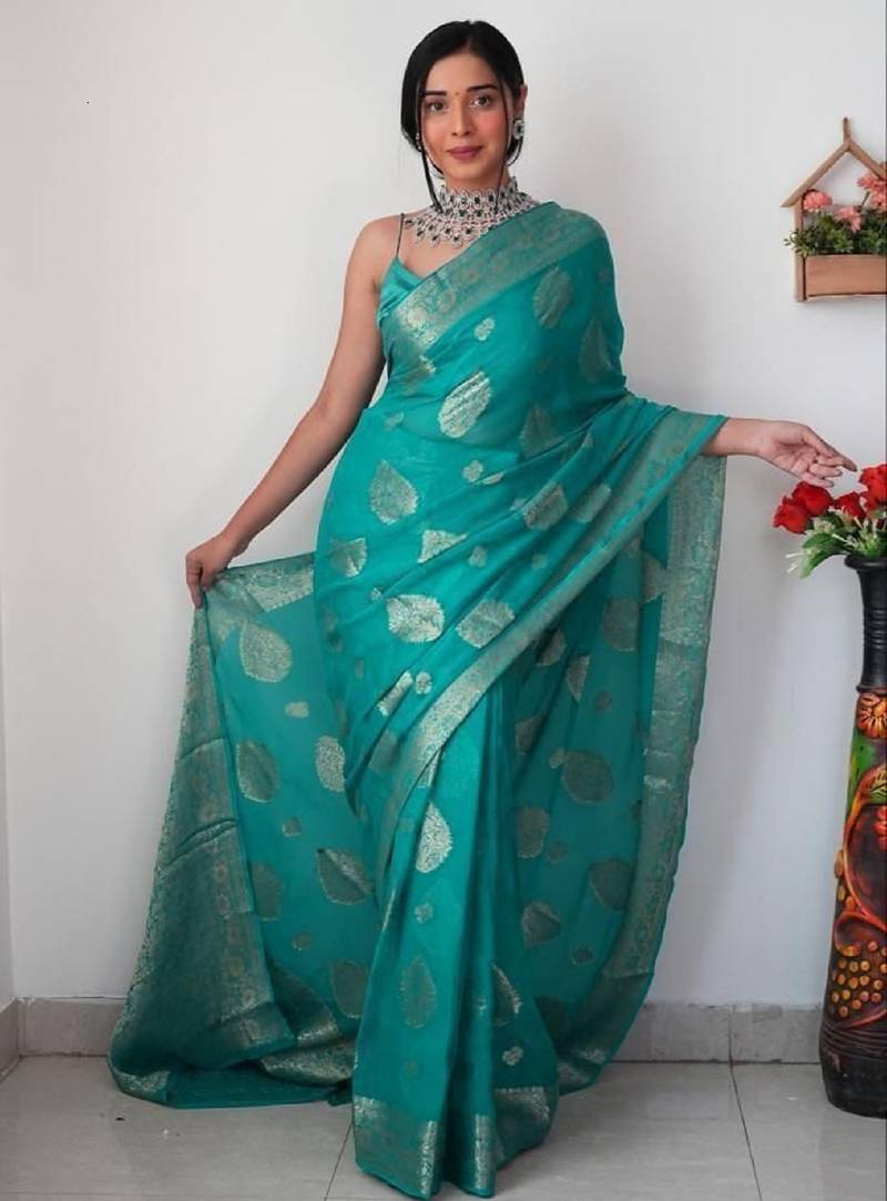 Sea green soft linen blend banarasi jacuard work designer party wear saree with unstitched blouse piece