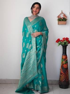 Sea green linen blend banarasi saree with unstitched blouse piece 2