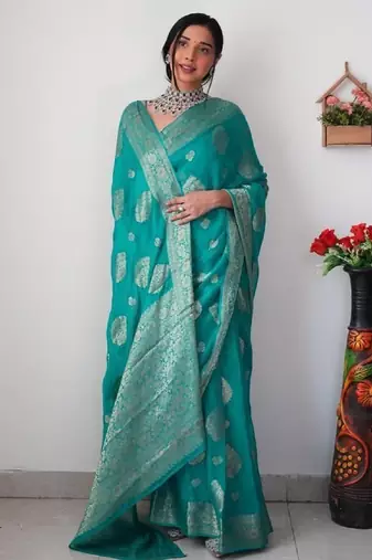 Sea green linen blend banarasi saree with unstitched blouse piece