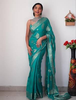 Sea green linen blend banarasi saree with unstitched blouse piece 3