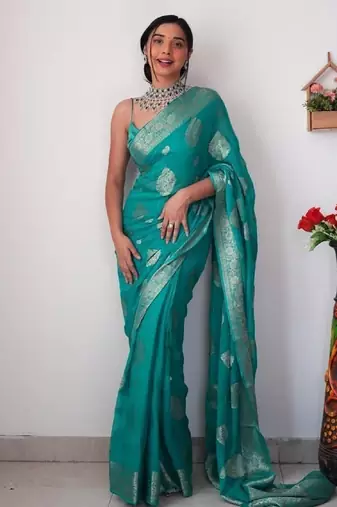 Sea green linen blend banarasi saree with unstitched blouse piece