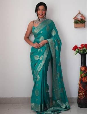 Sea green linen blend banarasi saree with unstitched blouse piece 4