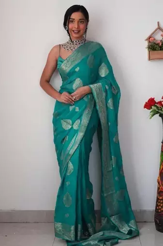 Sea green linen blend banarasi saree with unstitched blouse piece