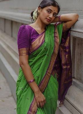 Green purple silk blend banarasi saree with unstitched blouse piece 2
