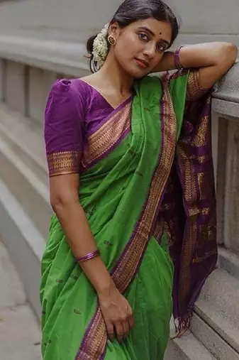 Green purple silk blend banarasi saree with unstitched blouse piece