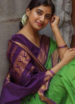 Green purple silk blend banarasi saree with unstitched blouse piece 3