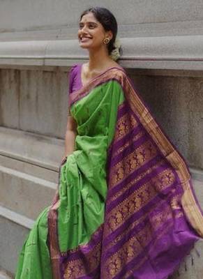 Green purple silk blend banarasi saree with unstitched blouse piece 4