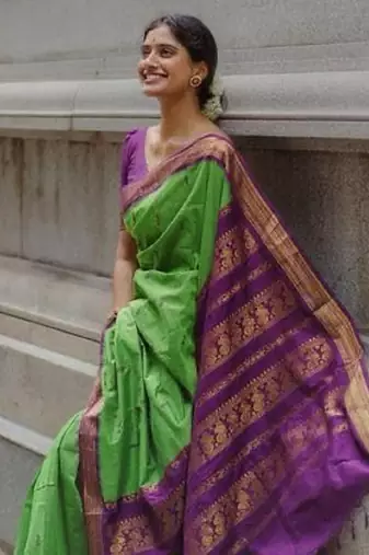 Green purple silk blend banarasi saree with unstitched blouse piece