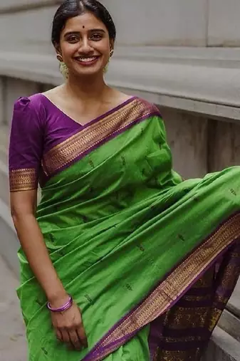 Green purple soft silk blend banarasi jacuard work designer party wear saree with unstitched blouse piece
