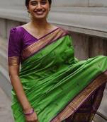 Green purple silk blend banarasi saree with unstitched blouse piece